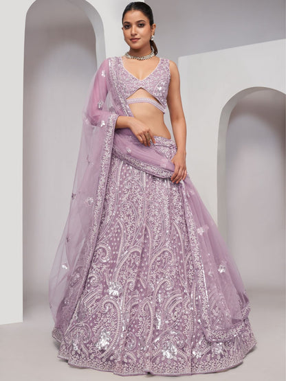Rajwada Mauve Soft Net Embroidered Semi Stitched Lehenga With Unstitched Blouse For Women