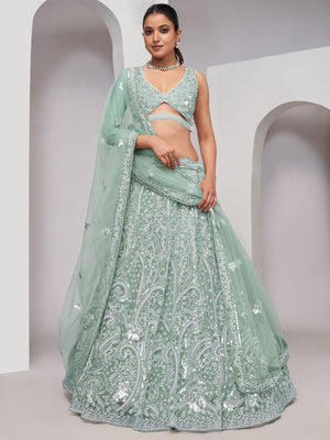Rajwada Sky Blue Soft Net Embroidered Semi Stitched Lehenga With Unstitched Blouse For Women
