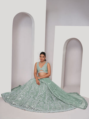 Rajwada Sky Blue Soft Net Embroidered Semi Stitched Lehenga With Unstitched Blouse For Women
