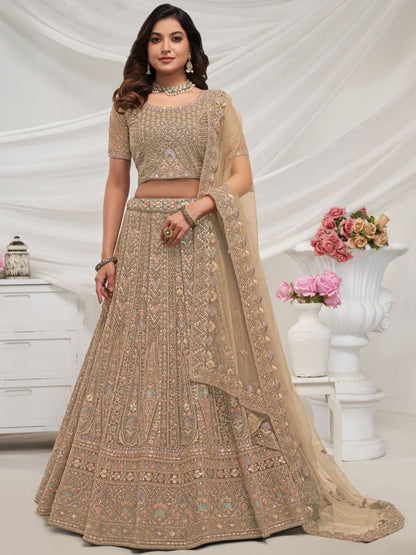 Rajwada Golden Soft Net Embroidered Semi Stitched Lehenga With Unstitched Blouse For Women