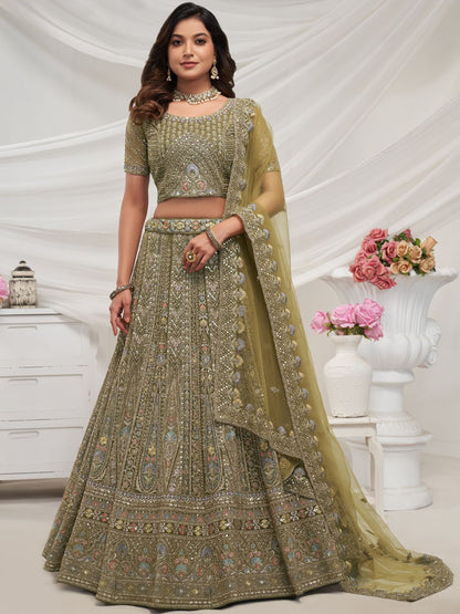 Rajwada Olive Green Soft Net Embroidered Semi Stitched Lehenga With Unstitched Blouse For Women