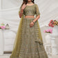 Rajwada Olive Green Soft Net Embroidered Semi Stitched Lehenga With Unstitched Blouse For Women