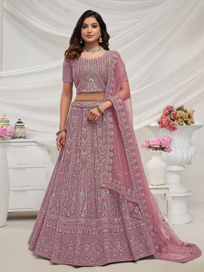 Rajwada Mauve Soft Net Embroidered Semi Stitched Lehenga With Unstitched Blouse For Women