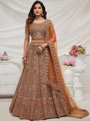 Rajwada Rust Soft Net Embroidered Semi Stitched Lehenga With Unstitched Blouse For Women