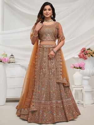Rajwada Rust Soft Net Embroidered Semi Stitched Lehenga With Unstitched Blouse For Women