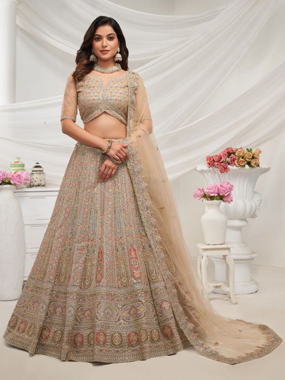 Rajwada Golden Soft Net Embroidered Semi Stitched Lehenga With Unstitched Blouse For Women
