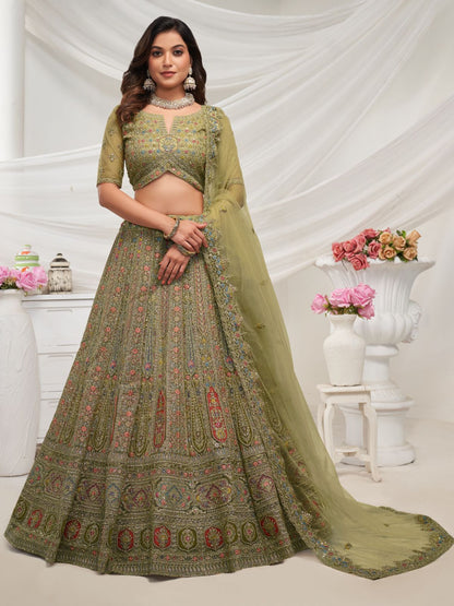 Rajwada Green Soft Net Embroidered Semi Stitched Lehenga With Unstitched Blouse For Women