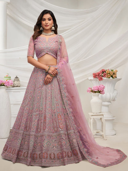 Rajwada Mauve Soft Net Embroidered Semi Stitched Lehenga With Unstitched Blouse For Women
