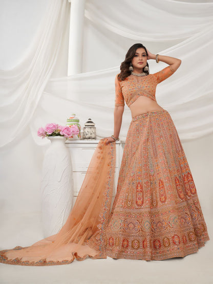 Rajwada Mustard Soft Net Embroidered Semi Stitched Lehenga With Unstitched Blouse For Women