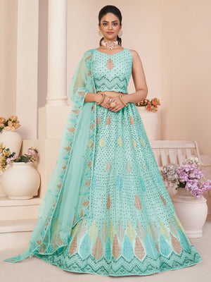 Rajwada Sky Blue Net Embroidered Semi Stitched Lehenga With Unstitched Blouse for Women