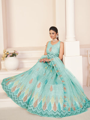 Rajwada Sky Blue Net Embroidered Semi Stitched Lehenga With Unstitched Blouse for Women