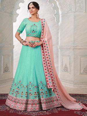 Rajwada Sky Blue Georgette Embroidered Semi Stitched Lehenga With Unstitched Blouse for Women