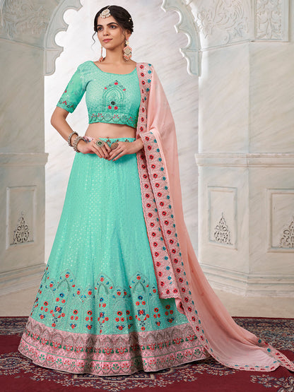 Rajwada Sky Blue Georgette Embroidered Semi Stitched Lehenga With Unstitched Blouse for Women