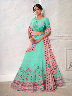 Rajwada Sky Blue Georgette Embroidered Semi Stitched Lehenga With Unstitched Blouse for Women