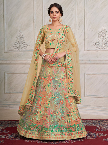 Rajwada Beige Net Embroidered Semi Stitched Lehenga With Unstitched Blouse for Women