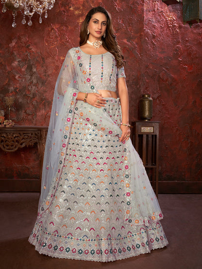 Rajwada Grey Net Embellished Semi Stitched Lehenga With Unstitched Blouse for Women