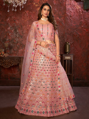 Rajwada Pink Net Embellished Semi Stitched Lehenga With Unstitched Blouse for Women