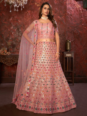 Rajwada Pink Net Embellished Semi Stitched Lehenga With Unstitched Blouse for Women