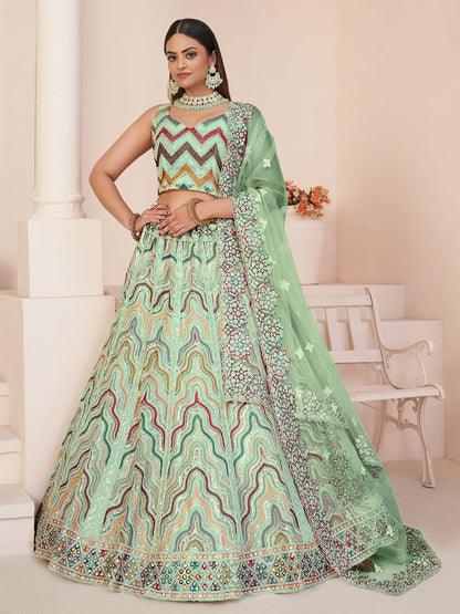 Rajwada Green Net Embroidered Semi Stitched Lehenga With Unstitched Blouse for Women