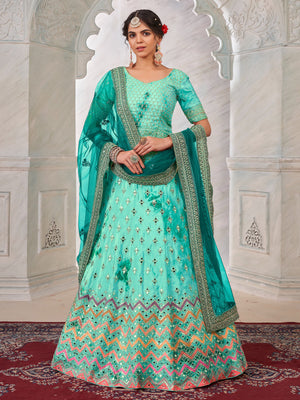 Rajwada Sea Green Shibori Crepe Embroidered Semi Stitched Lehenga With Unstitched Blouse for Women