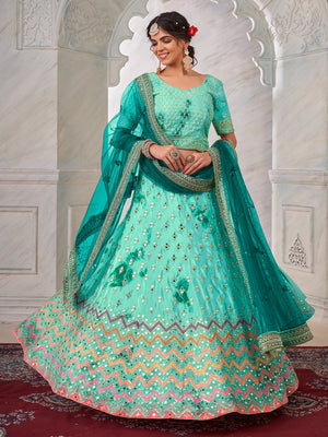 Rajwada Sea Green Shibori Crepe Embroidered Semi Stitched Lehenga With Unstitched Blouse for Women