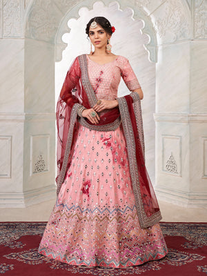 Rajwada Pink Shibori Crepe Embroidered Semi Stitched Lehenga With Unstitched Blouse for Women