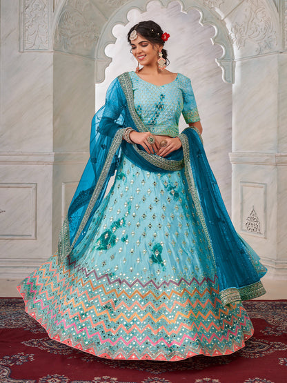 Rajwada Light Blue Shibori Crepe Embroidered Semi Stitched Lehenga With Unstitched Blouse for Women