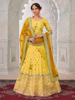 Rajwada Yellow Shibori Crepe Embroidered Semi Stitched Lehenga With Unstitched Blouse for Women