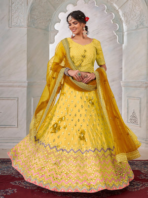Rajwada Yellow Shibori Crepe Embroidered Semi Stitched Lehenga With Unstitched Blouse for Women