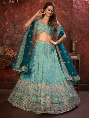Rajwada Sky Blue Net Embellished Semi Stitched Lehenga With Unstitched Blouse for Women