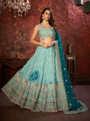 Rajwada Sky Blue Net Embellished Semi Stitched Lehenga With Unstitched Blouse for Women