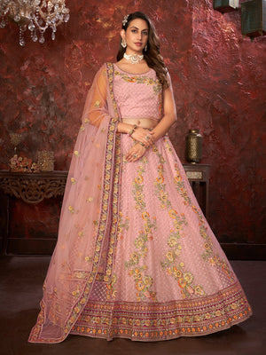 Rajwada Pink Net Embroidered Semi Stitched Lehenga With Unstitched Blouse for Women