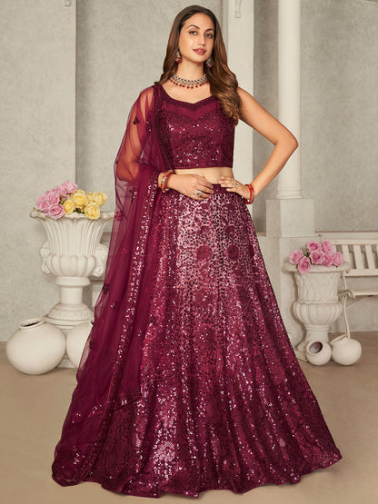 Rajwada Maroon Net Embellished Semi Stitched Lehenga With Unstitched Blouse for Women