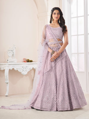 Rajwada Purple Net Embellished Semi Stitched Lehenga With Unstitched Blouse for Women