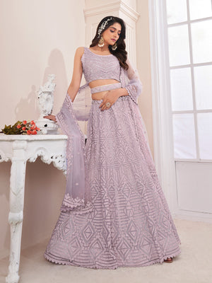 Rajwada Purple Net Embellished Semi Stitched Lehenga With Unstitched Blouse for Women