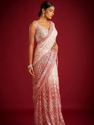 Rajwada Peach Embroidered Georgette Saree With unstitched Blouse For Women