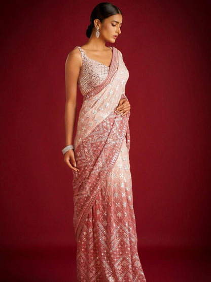 Rajwada Peach Embroidered Georgette Saree With unstitched Blouse For Women