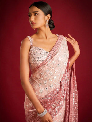 Rajwada Peach Embroidered Georgette Saree With unstitched Blouse For Women