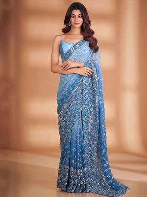 Rajwada Blue Embroidered Georgette Saree With Unstitched Blouse For Women