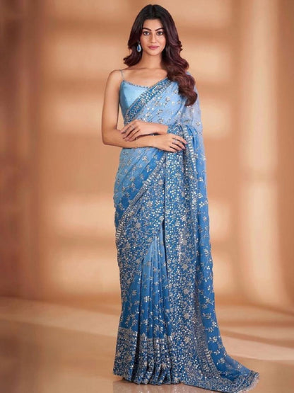 Rajwada Blue Embroidered Georgette Saree With Unstitched Blouse For Women