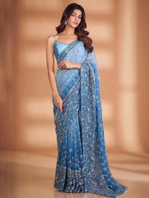Rajwada Blue Embroidered Georgette Saree With Unstitched Blouse For Women