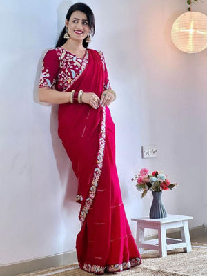 Rajwada Red Embroidered Silk Blend Saree With Stitched Blouse For Women