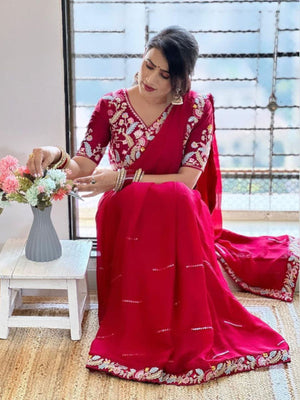 Rajwada Red Embroidered Silk Blend Saree With Stitched Blouse For Women