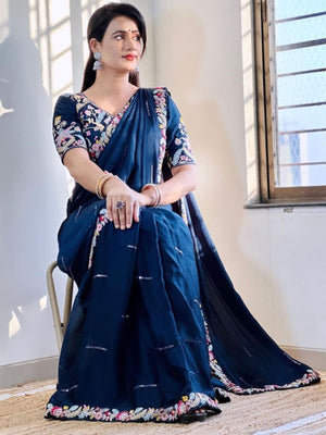 Rajwada Navy Blue Embroidered Silk Blend Saree With Stitched Blouse For Women
