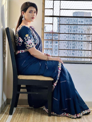 Rajwada Navy Blue Embroidered Silk Blend Saree With Stitched Blouse For Women