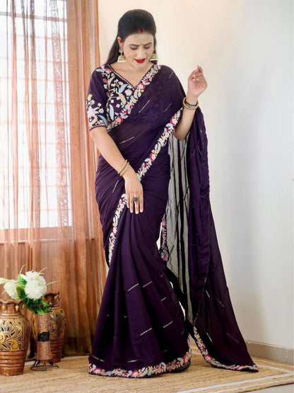 Rajwada Violet Embroidered Silk Blend Saree With Stitched Blouse For Women