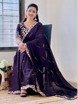 Rajwada Violet Embroidered Silk Blend Saree With Stitched Blouse For Women