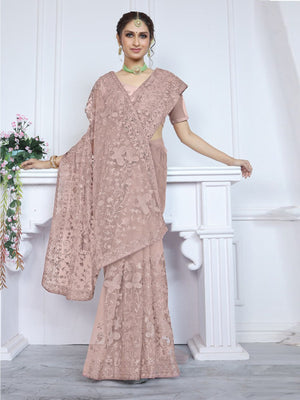 Rajwada Mauve Embroidered Net Saree With Unstitched Blouse For Women