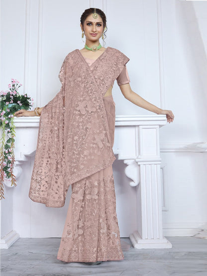 Rajwada Mauve Embroidered Net Saree With Unstitched Blouse For Women