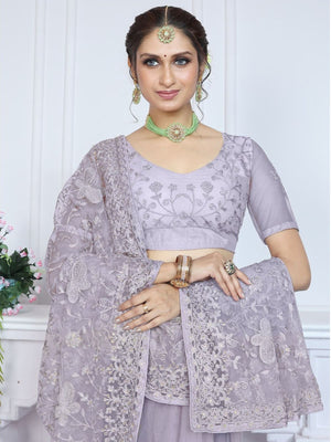 Rajwada Lavender Embroidered Net Saree With unstitched Blouse For Women